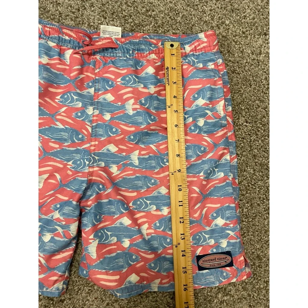 Vineyard Vines Swim Trunks Boys L (16) Pink Blue Fish Print Excellent Nautical
